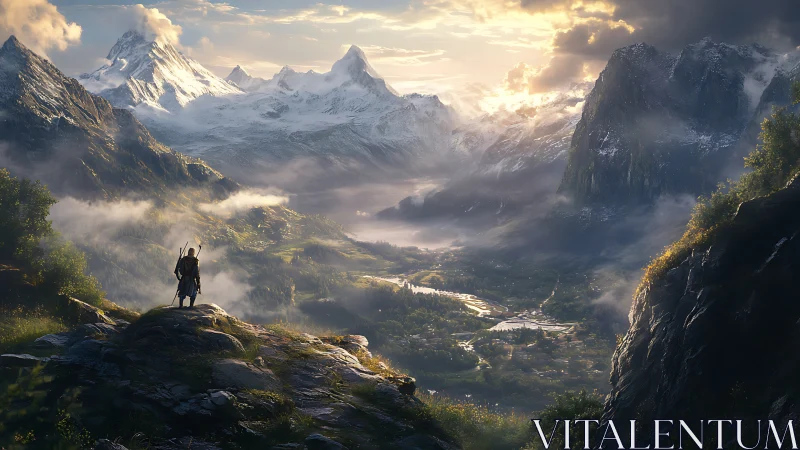 Lone wanderer overlooking vast misty alpine valley at dawn.