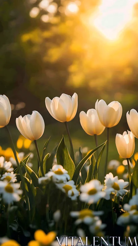 Cream Tulips Bathed in Golden Hour Sunlight.
