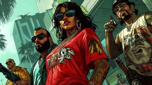 Gang of armed street figures stands in bright urban scene