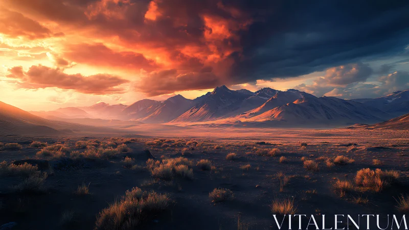 Stormlit desert range under fire-kissed twilight sky.