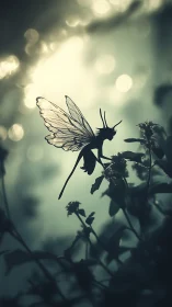 Silhouetted winged humanoid figure rests on foliage stem