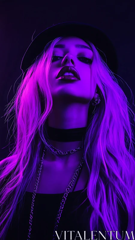 Neon-lit rebel queen bathed in ultraviolet allure and shadow.