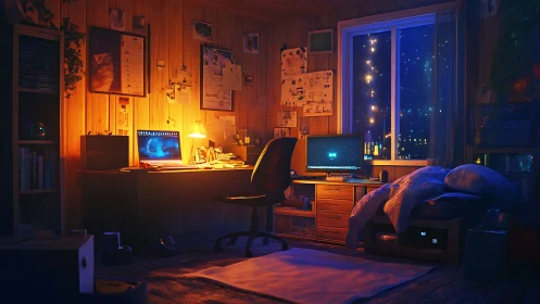 Cozy dual-monitor bedroom studio under starry city night.