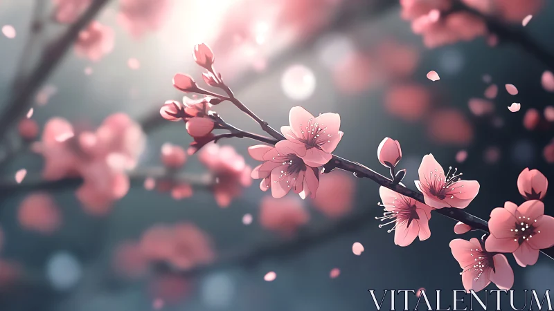 Cherry blossom branches rendered with depth of field and particle effects
