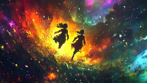 Two friends drifting through a glowing cosmic storm of color.