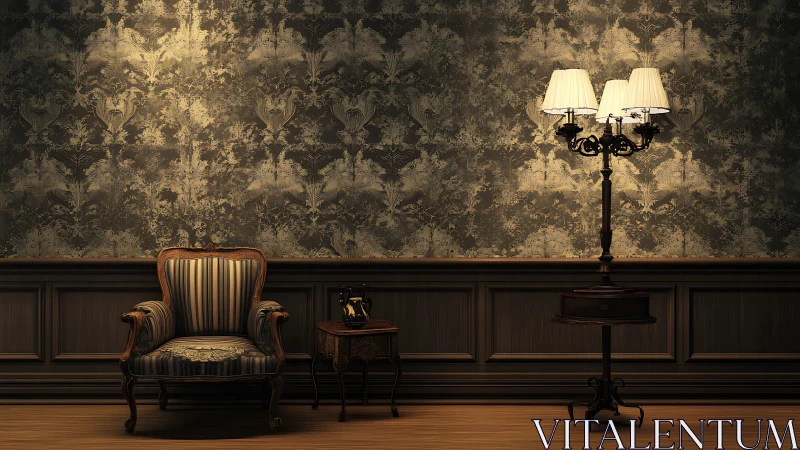 Vintage armchair, side table and floor lamp in dim room.