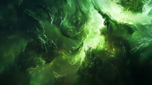 Green abstract nebula-like vortex with swirling textures.
