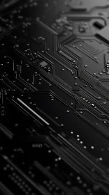 Black circuit board closeup with reflective traces.