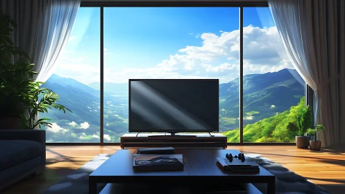 Modern living room framing expansive sunlit mountain vista