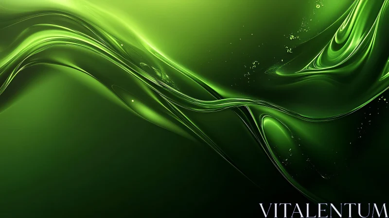 Vivid Green Abstract Wave Digital Art with Glossy Fluid Texture.