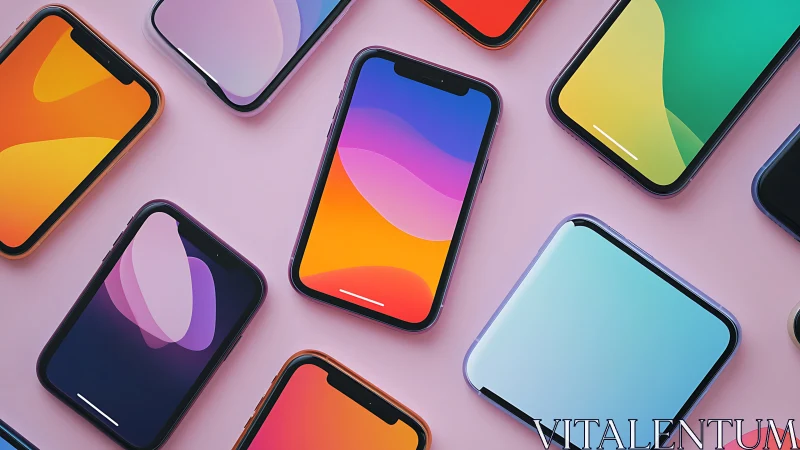 Smartphones with colorful displays are arranged on pink surface