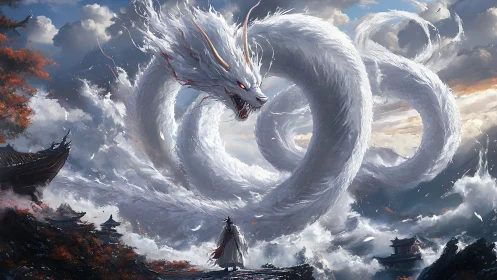Skyborne dragon coils above lone warrior in storming clouds.