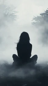 Solitary seated figure in dense morning forest fog.