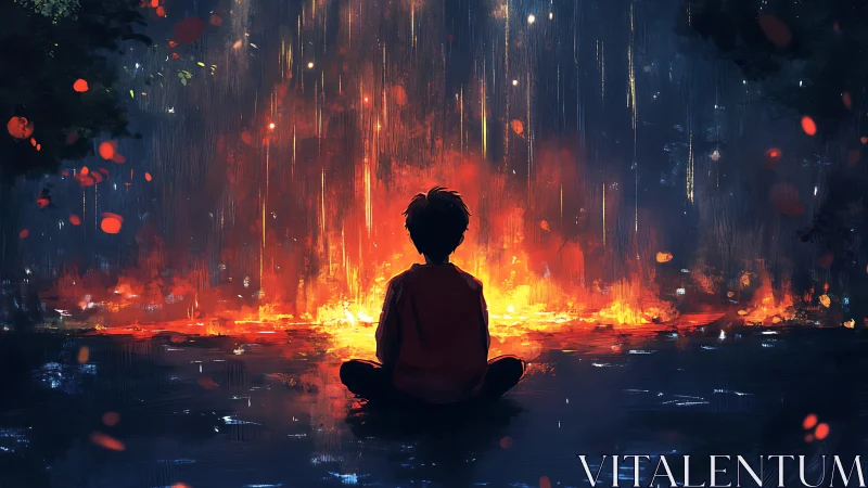 Solitary child watching cascading firelight by riverside.