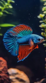 Vibrant blue and orange betta fish glides through calm water.