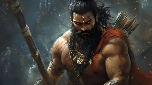 Warrior figure holds spear and arrows in atmospheric scene