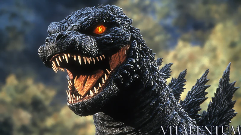 Roaring reptilian kaiju head with glowing amber eyes.