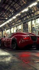 Red supercar parked in moody urban industrial warehouse.