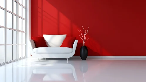 Minimalist red living room with high gloss floor reflections
