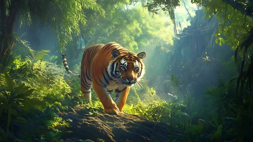 Sunlit jungle monarch prowling through emerald quietude.