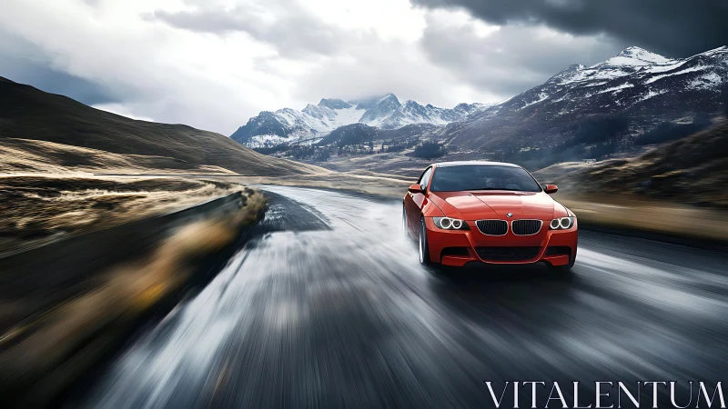 Red sports coupe in motion on wet alpine highway under storm clouds