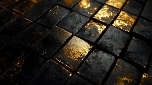 Close-up of Black Stone Tiles with Golden Glitter Abstract Texture.