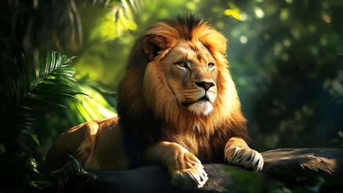 Photorealistic lion portrait in dappled jungle light.