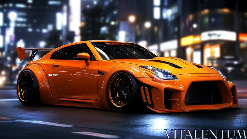Orange modified sports coupe on wet night city street.