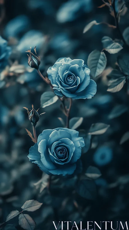 Blue Roses with Buds in Moody Garden Setting.