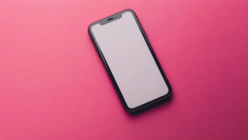 Black smartphone with blank display on vibrant pink background.