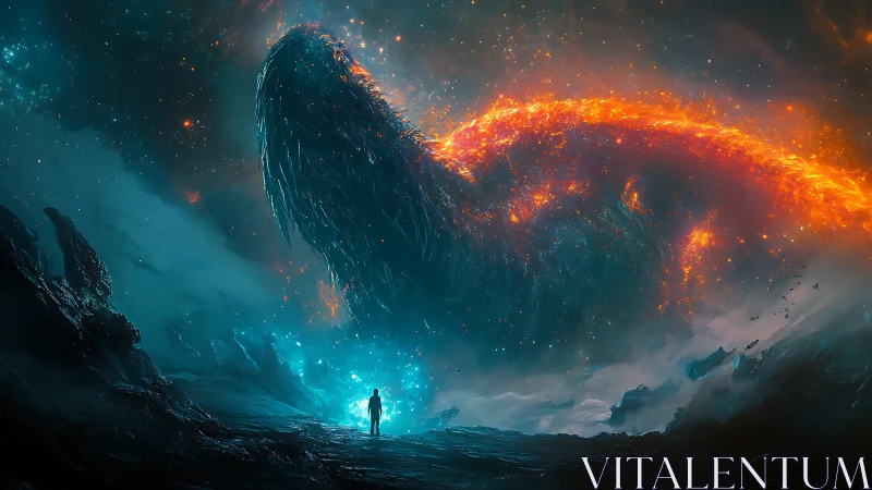 Starlit wanderer greets a colossal cosmic fire serpent