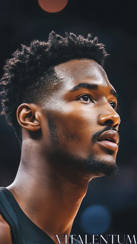 Profile portrait of young male basketball player courtside.