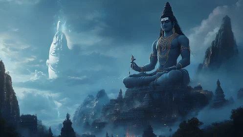 Large seated blue deity above misty mountain temples at dusk.
