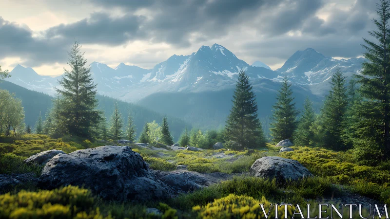 High-dynamic-range alpine valley with volumetric light and mossy rocks