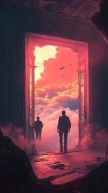 Silhouetted figures stand before glowing doorway above clouds