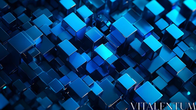 Specular blue metal cubes forming dense geometric voxel field