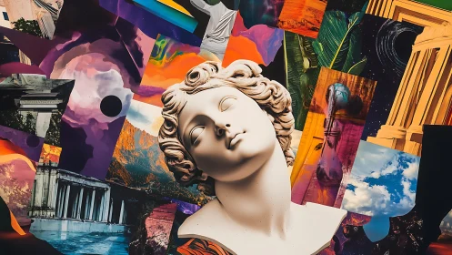 Dreamy marble statue drifts through a vibrant collage of worlds