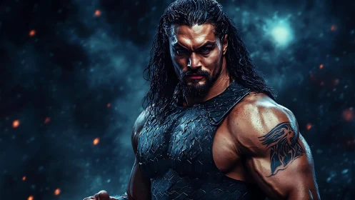 Warrior in storm-lit armor glares through swirling embers.