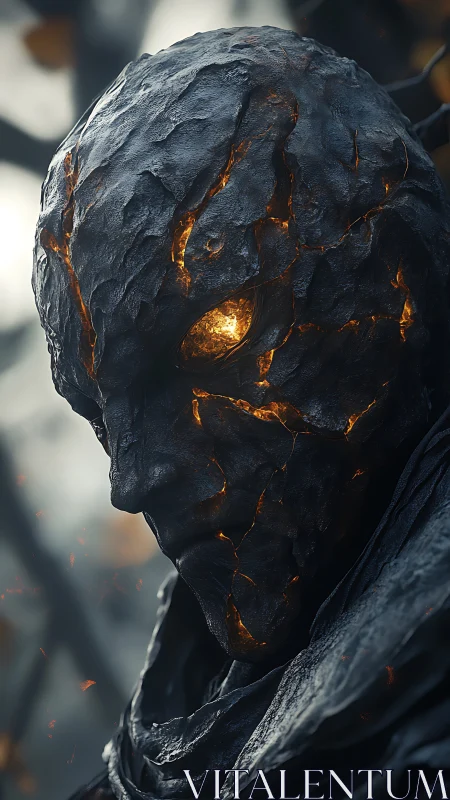 Volcanic stone humanoid portrait with molten ember core gaze