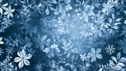 Blue floral composition with layered botanical elements.