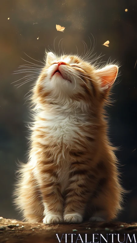 Orange Tabby Kitten With Closed Eyes Gazing at Luminescent Butterflies