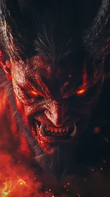 Demonic warlord roars amid burning embers and darkness