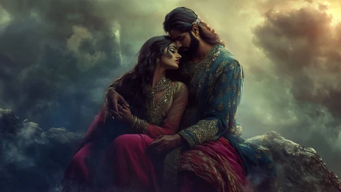 Medieval couple in ornate embroidered garments against misty celestial backdrop