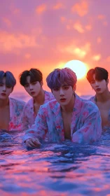 Sunset-lit group portrait in iridescent water and pastels.