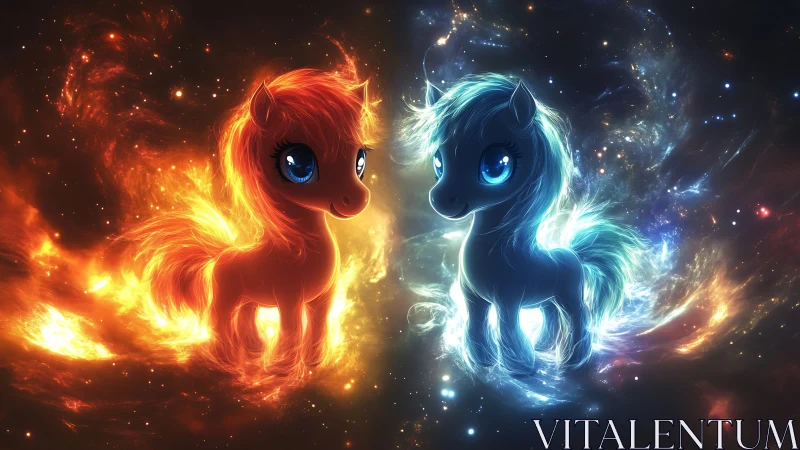 Two glowing elemental ponies stand in a vibrant cosmic field