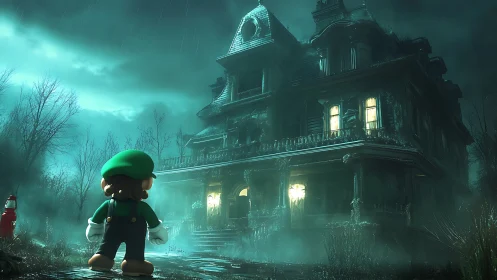 Cartoon plumber faces eerie rain-soaked haunted mansion at night.
