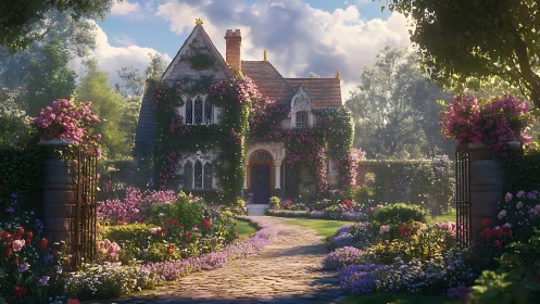 Storybook cottage nestles in a radiant, flower-laden garden