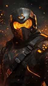 Ember-armored future soldier strides through drifting sparks.