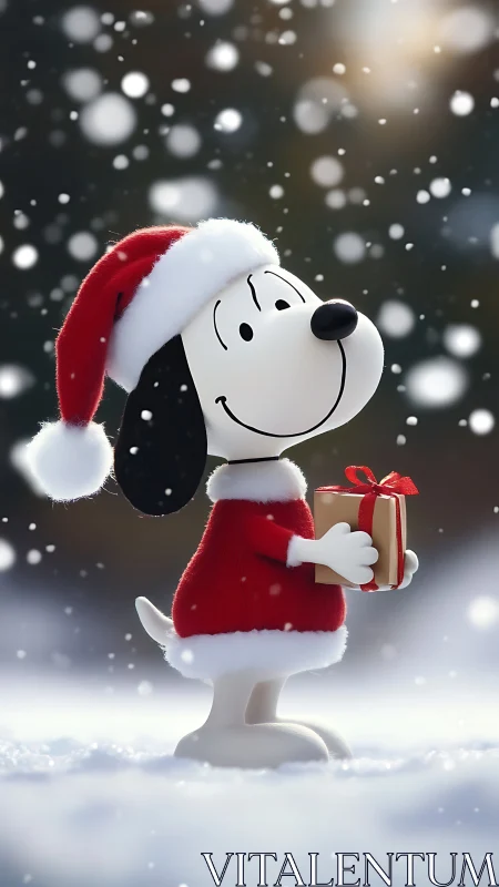 Snowy gift-hound in Santa red savoring quiet Christmas magic.