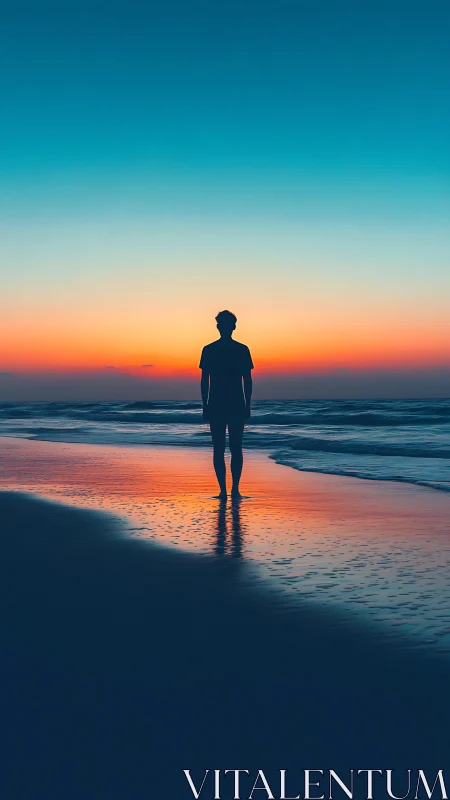 Silhouetted figure on shoreline at gradient sunset horizon.